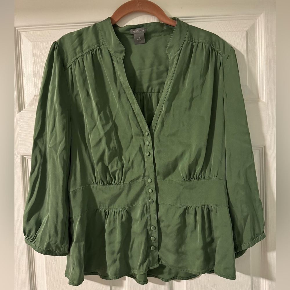 Ann Taylor Olive Green Button-Front Peplum Blouse